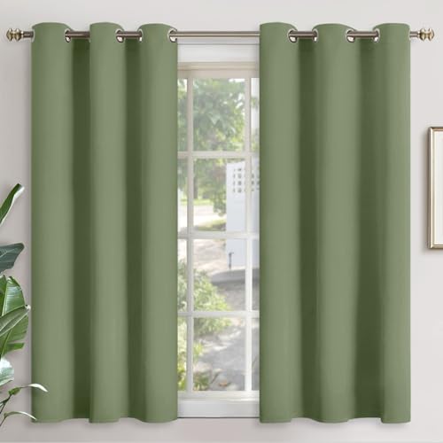 Image of YoungsTex Olive Green Blackout Curtains 45 Inch Length for Bedroom Kitchen Window - Short Thermal Insulated with Grommet Room Darkening Drapes Privacy for Bathroom, 2 Panels, 42 x 45 Inch