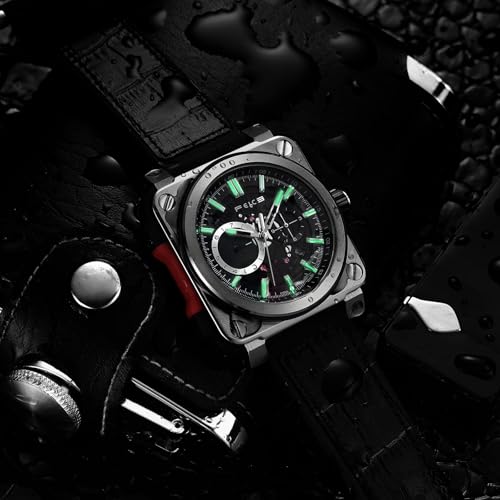 FEICE Men~'s Automatic Watch Mechanical Calendar Mens Wristwatch Sport Luminous Clock Watches 10ATM Waterproof Square Wrist Watches Leather Strap FM507, Black3