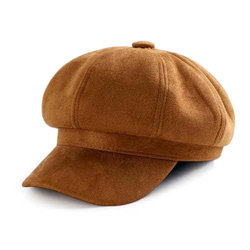 AIDIER Women Velvet Peaked Beret Hat Winter Soft Newsboy Cap for Women Fashion Ladies Retro Baker Boy Hat Cabbie Cap French Beret Hat Octagonal Hat Brown