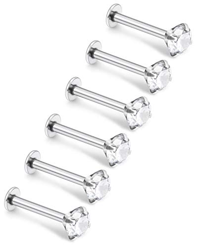 Dyknasz 16G 2Mm Clear Diamond Cz Surgical Steel Labret Monroe Lip Ring Helix Cartilage Tragus Stud Earrings Barbell Body Jewelry Piercing For Women Men Girls Silvertone #TOP2