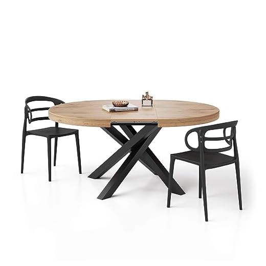 Mobili Fiver, Emma Round Extendable Table, 120-160 cm, Rustic Oak with Black crossed legs, Made In Italy