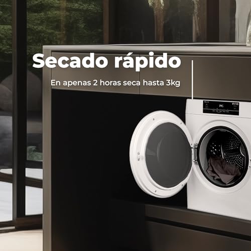 EVVO Secadora De Ropa Mini S3 - Secadora Con Capacidad De 3kg - Secadora Portátil Con Airfresh Y Sensor De Humedad, Tamaño Mini, Sin Instalación, Sist. Evacuación, Blanco - imagen 4