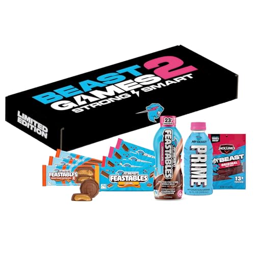 Feastables Beast Games Season 2 Bundle, Mrbeast Snacks Variety Pack With Chocolate Bars and Cups, Protein Milk, Hydration Drink, and Beef Jerky, Gift Basket for Adults and Kids, 10 Count Snack Box