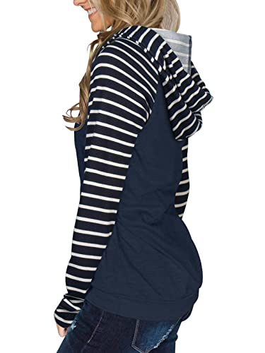 Pinkmstyle Womens Pullover Hoodie Sweatshirts Casual Floral Print Tunic Tops Kangaroo Pocket Shirts Navy Stripe Small #TOP3