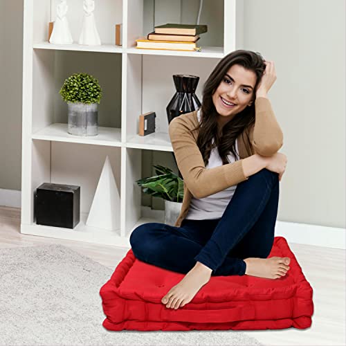 Image of HOME COLORS.IN Cotton Floor Cushion Square Chair Pad Seat Cushion for Living Room, Bedroom, Balcony Seating, Car Seat, Office Chair, Sofa & Meditation - 50x50x10 cm - Red