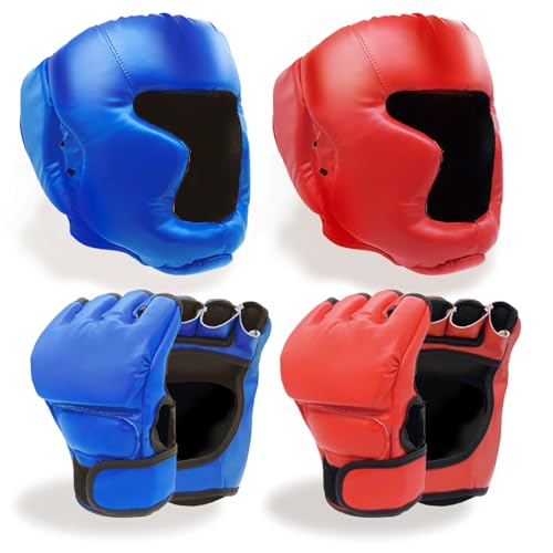 Boxing Gloves and Headgear Set Including 2 Pack Boxing Headgear and 2 Pack Boxing Gloves Boxing Equipment Sparring Gear Equipment for Beginners Adults Kids (BlueRed)