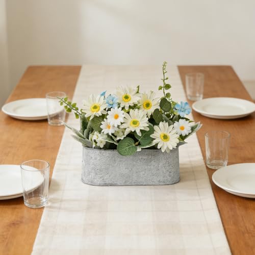 ZKIEIRE Floral Centerpieces for Tables, 12 Inch Small Artificial Flowers in Metal Pot with White Daisy Arrangement, Farmhouse Fake Potted Faux Plant for Spring Summer All Season Indoor Outdoor Decor
