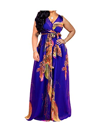 Image of lvenzse Womens Maxi Dress Boho Chiffon Floral Printed V-Neck Long Dresses