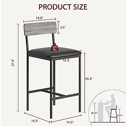 Garvee Juego de taburetes altos para barra con respaldo y reposapiés – Estructura metálica resistente – Tapizado cómodo – Ideal para cocina, isla o comedor – Set de 2 piezas, color gris, altura 65 cm, - imagen 4