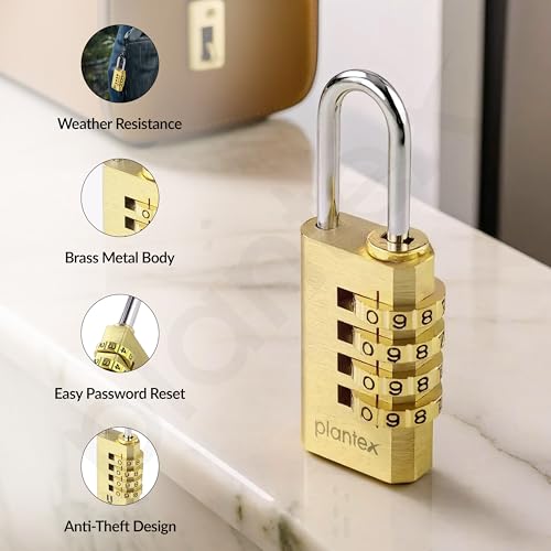 Image of Plantex 4-Digit Code Combination Brass Locks /Number Lock /Portable Luggage Lock /Travel Lock for Briefcase /Laptop Bags - Pack of 1 (Small, Brass Antique)