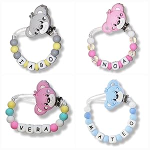 Chupetero Personalizado con Nombre de Bebé. Cadena para no perder el Chupete en la Guardería. Sujetachupétes con nombre del niño Tela. TetebyNoa (Osos)