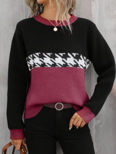 Image of chouyatou Women's Vintage Color Block Long Sleeve Pullover Sweater Houndstooth Printed Crewneck Jumper Tops