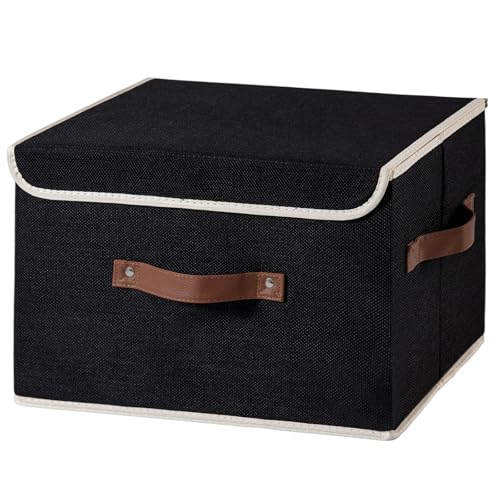 HYVAKUPPA Collapsible Storage Boxes Baskets with Lid Cotton Linen Fabric Storage Bins with Faux Leather Handles Decorative Washable Cube Organizer Container for Home Closet Bedroom (Black, Large Size)