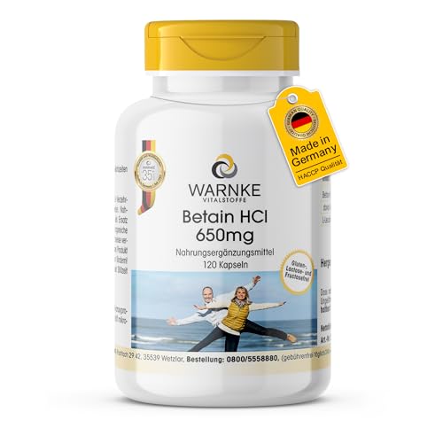 Betain HCl 650mg - Betain Hydrochlorid - 120 Kapseln - hochdosiert - vegan | Warnke Vitalstoffe - Deutsche Apothekenqualität