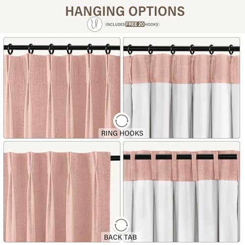 Pinch Pleated Blackout Curtains 102 Inch Long, Linen Blend, 100% Blackout Drapes with 20 Hooks, Ideal for Bedroom and Living Room, 40" W x 102" L (Pack of 2), Blush Pink
