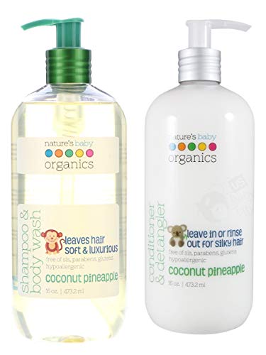Nature's Baby All Natural Organic Coconut Pineapple Baby Shampoo & Body Wash and Conditioner & Detangler Bundle With Aloe Vera, Cucumber, Chamomile, Vitamin E and Shea Butter, 16 fl. oz. each