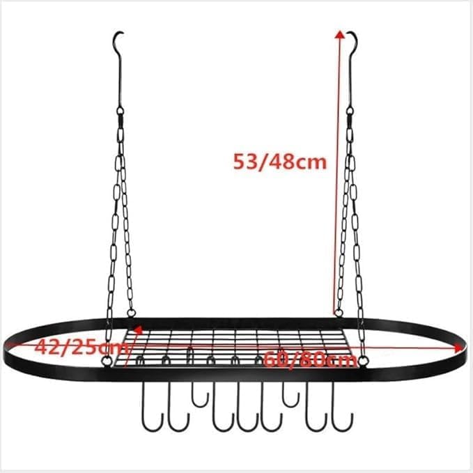 Hängendes Topfregal mit 10 Haken, robuste Deckenhalterung, Pfannenaufhänger, industrielles Gitterregal, Küchenorganizer für Kochgeschirr-Utensilien, platzsparende Überkopfaufbewahrung (60 cm)