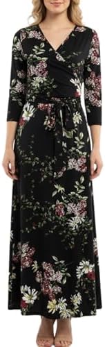 Aphratti Women's Maxi Dress with Sleeves - Faux Wrap Soft Stretchy Flowy Long Dress for Everyday Casual Outfits