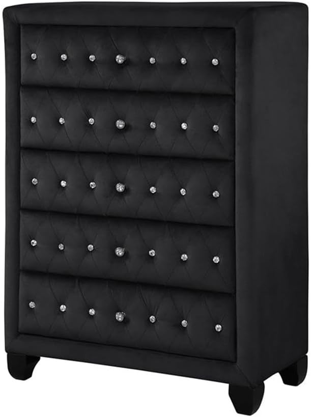 Pemberly Row Crystal Tufted Chest, 49 in H x 36 in W x 16 in D, Velvet Upholstered with Solid + Manufactured Wood Frame, Black Finish, 5 Drawers, Diamond Stitch Accent, Modern Style Bedroom Storage