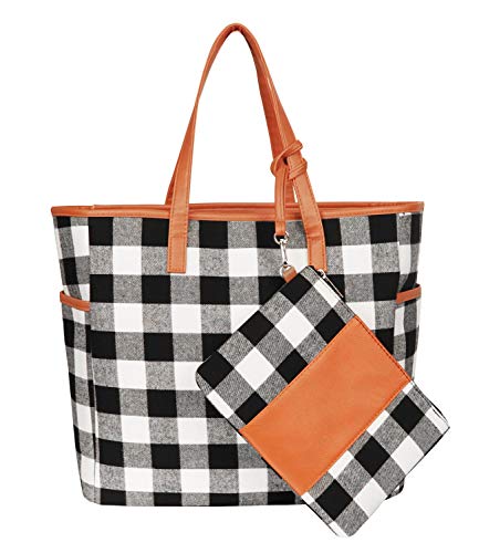 Monoblanks Women Buffalo Plaid Check Tote Set With Matching Wristlet,Personalized Top Handle Handbag Working Bag Best Gift For Her (White Buffalo Plaid) #TOP9