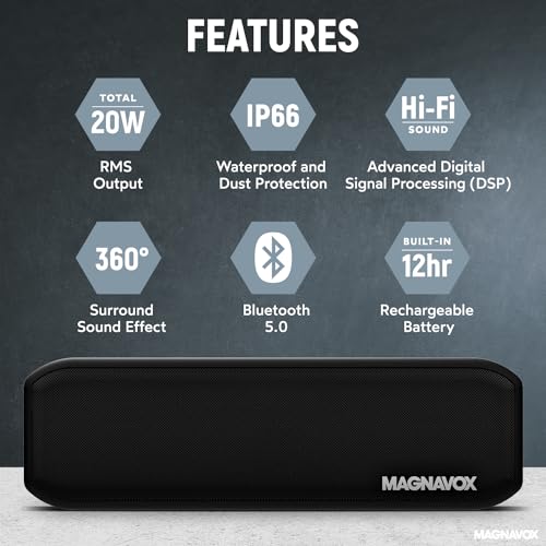 Magnavox MMA3929 Waterproof Portable Bluetooth Speaker with 360° Sound in Black