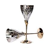 TUZECH Engraved Silver-Plated Pure Brass Wine Goblets Champagne Flutes For Bride and Groom Ideal For Wedding Gift Set of 2 Wine Toasting Glasses