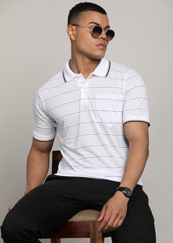 Image of INKKR Men Striped Polo Neck Cotton Blend T-Shirt