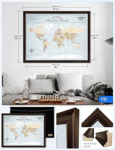 Image of IPIC - Framed World Map Wall Art, Custom Push Pin World Map with Names and Message on, Personalized Oversized Canvas Print Wall Decor for Home, Office, Study or RV, Ready to Hang