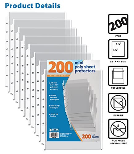 Better Office Products 200 Count Mini Poly Sheet Protectors, Standard Weight, Diamond Clear, 5.5\" x 8.5\", 200 Pack