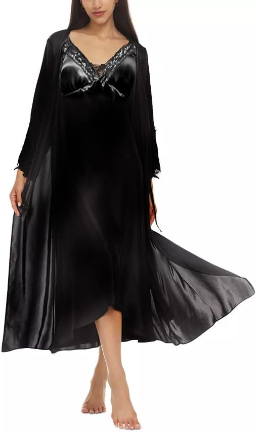 Plus Size Black Satin Robe & Nightgown 2pc Set with Black Lace Trim