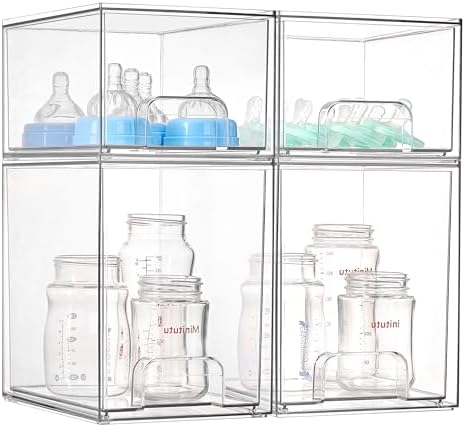 Vtopmart 4 transparente Babyflaschen-Organizer-Set, stapelbare Schubladen, ideal für Küchenarbeitsplatte, Waschtisch, Badezimmer, Schrank, Speisekammer-Organisation