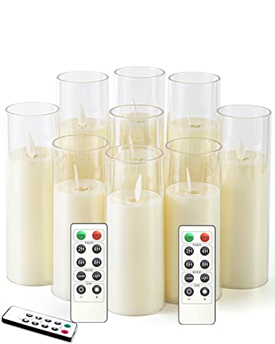 kakoya Flickering Flameless Candles Battery Operated with Remote and 2/4/6/8 H Timer Plexiglass Led Pillar Candles Pack of 9 (D2.2