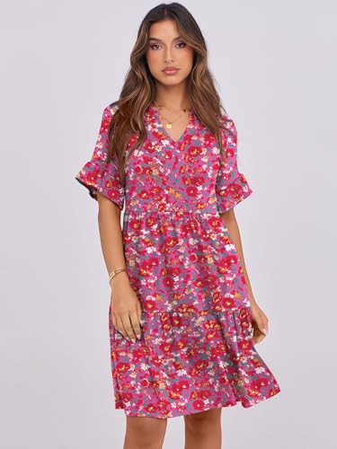 Image of ANRABESS Women's Summer Casual Dress, V-Neck Ruffle Sleeve Tiered Mini Dress, Soft Comfy Fabric with Pockets for All-Day Wear