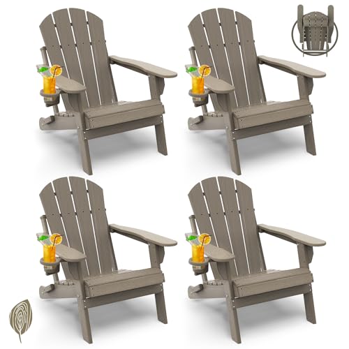 GREENVINES Folding-Adirondack-Chair-Set-of-4 | Wood Grain | HDPE Plastic | Fire Pit Chairs | All Weather | Cup Holder | Desert Brown | for Deck Backyard Patio Outdoor