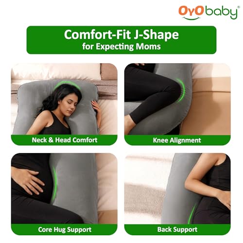 Image of OYO BABY Maternity Pillows J-Shape Full Body Pillow | 360 Maternity Support for Back, Hips, Legs & Belly | Pregnancy Pillows for Women | Removable Washable Velvet Cover (Light Grey)