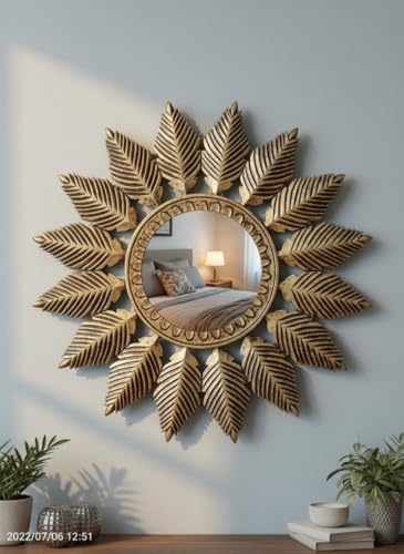 Vintage Sunburst Wall Mirror, Round Iron Frame with Decorative Le...
