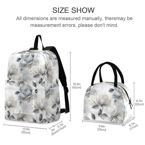 Backpack Lunch Box Set Large Capacity Travel Backpacks and Insulated Lunch Bag for Commute Hiking Picnic Luxurious White Floral Print2