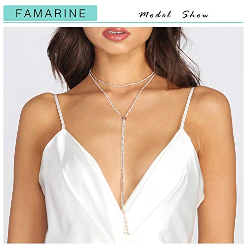 FAMARINE CZ Long Necklace, Rhinestone Bar Y Lariat Necklace Silver Tone for Women Birthday3