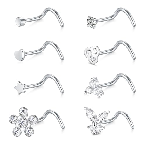 WillTen 8Pcs Piercing Curvados 20G 18G Nariz Acero Quirúrgico Plata Oro con Circonita Cúbica Pendientes Nostril Cartílago Hélix Joyería para Mujeres Niñas