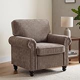 Sivoey 37' Rolled Arms Chair, Nailhead Armchair for Living Room, Single Sofa Chair Reading Armchair with Springs Seat Cushion & Wooden Legs, Mid-Century Accent Chair for Small Space, Farmhouse, Brown