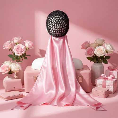 Cuffbow Pink 2 in 1 Wrap Cap Hair Net with Scarf Hair Wrap Cap Bonnet for Women Shower Hat for Silk Press Sleeping (Classic)