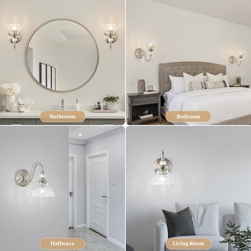 Image of 1 Piece Brushed Nickel Finish Wall Sconce, 1-Light Modern Wall Sconce with Hanging Crystal Accents and Flower-Shaped Clear Shades for Bathroom Bedroom Living Room,Modern Vanity Light