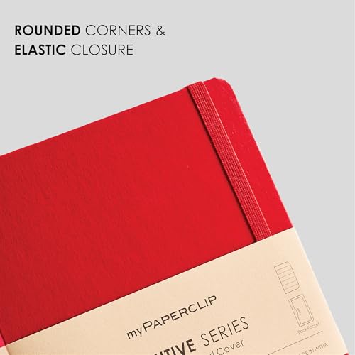 Image of myPAPERCLIP Executive Series A5 Ruled Notebook | 192 Pages, 80 GSM, Hard Cover, A5 (5 .83 x 8.27 in) | Flat Lay | Bookmark, Elastic Closure & Back Pocket | Red