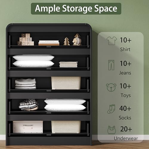 Image of 5 Drawer Dresser for Bedroom, 45 inch Tall Fluted Dresser with Curved Edge and Ergonomic Handleless, Large Wooden Clothes Storage Organizer, Modern Chest of Drawers for Closet, Living Room, Black
