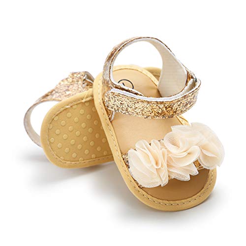 Sofmuo Infant Baby Girls Sandals With Flower Soft Sole Newborn Summer Crib Shoe Toddler First Walker Princess Dress Shoes (Gold,0-6 Months) #TOP3
