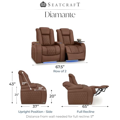 Image of Seatcraft Diamante Tobacco Italian Leather Home Theater Seating, Zero Gravity Power Recliner Gaming and Home Office Chair, Powered Headrest Lounge Sofa Furniture for Cinema Room, Row of 2