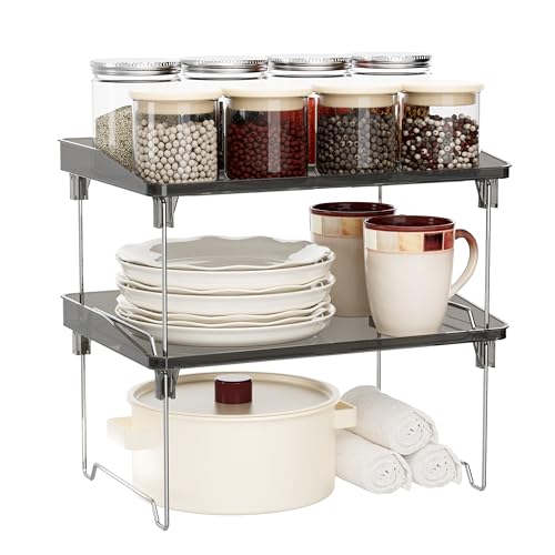 STARLATTA 2 Pcs Cabinet Organizer Shelf，Stackable Kitchen Counter Shelves, Spice Rack,Countertop Organizers，Black Plastic Storage Shelves Rack for Makeup，Bathroom, Cupboard，Desk，Pantry Organization