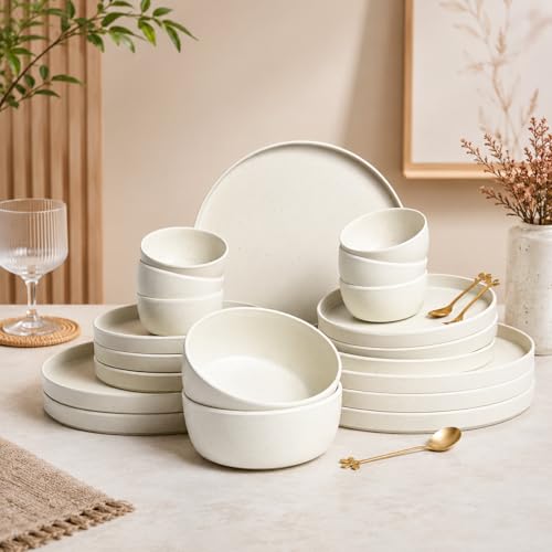 Image of MARKET 99 Heavy-Duty Matte Minto Cream Sparkle Melamine Dinner Set 20 Pcs | Full & Side Plates, Soup & Serving Bowls | Break-Resistant, Lightweight Dinnerware for Kitchen, Dining & Home
