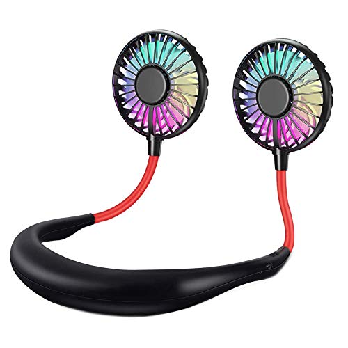 Portable Hanging Neck Sports Fan - Hands Free USB Rechargeable Personal Wearable Neckband Fan Battery Operated with 3 Level Air Flow Headphone Design Cooling (Black-Red)