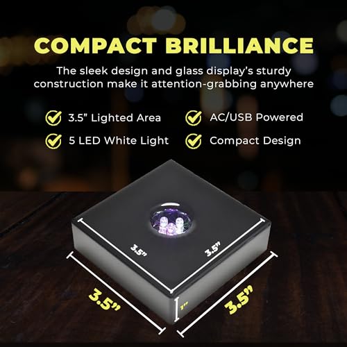 Image of 5 LED White Light Base for Glass Art - Square Black Satin Matte Wood Light Stand Base for Art Glass, Room Decor, Gemstones and Crystals - AC /USB Powered